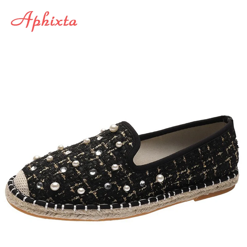 Aphixta Women Flats Shoes Pearl Fisherman Flat Heel Shallow Bling Loafers Round Toe Cane Fabrics Flats Casual Ladies Footwear