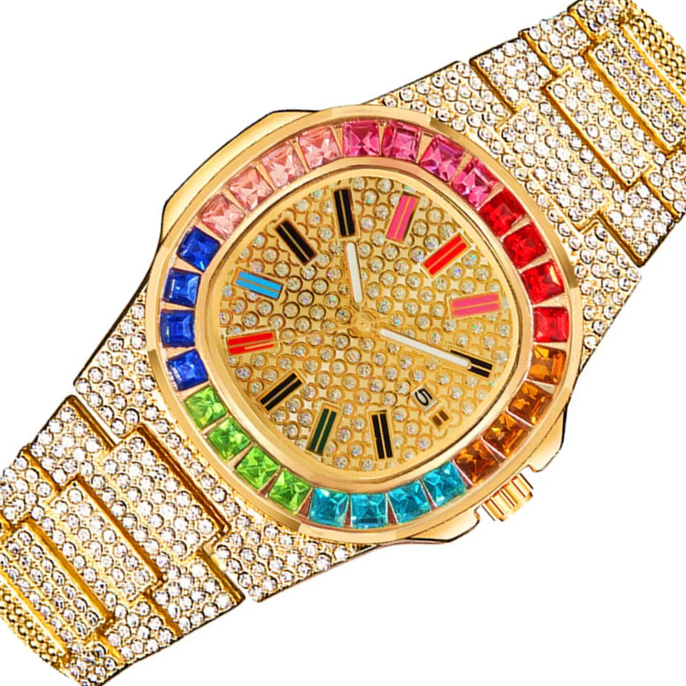 Reloj de pulsera con diamantes de colores para hombre y mujer, cronógrafo Masculino de lujo, plateado y dorado, con calendario