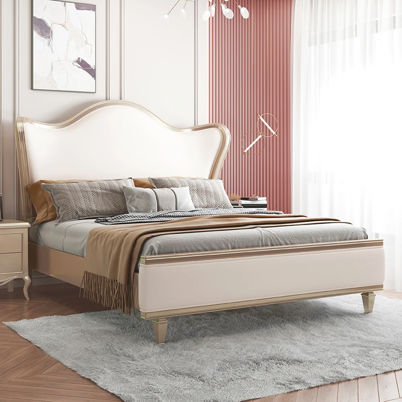 European light luxury full solid wood bed master bed double bed French leather bed princess net red villa queen bed