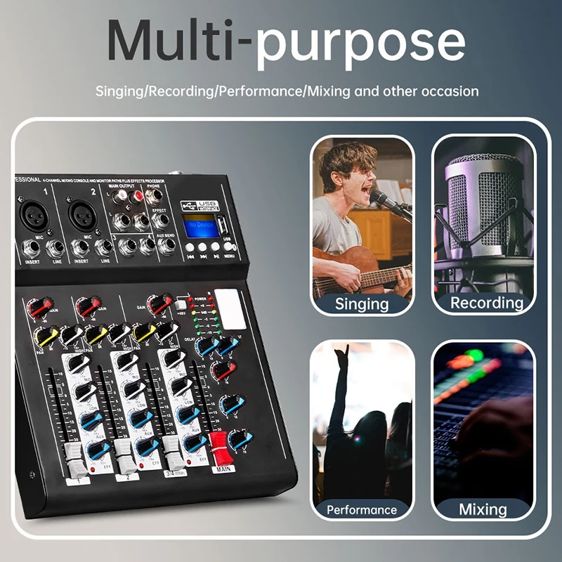 F4 4ช่องผสม Sound ผสมคอนโซลบลูทูธ USB 48V Phantom Power