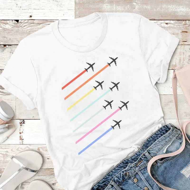 Colored Airplane 100% Cotton T-shirt Aesthetic Women Tumblr Hipster Tshirt Fashion Summer Short Sleeve Graphic Tee Shirt Top