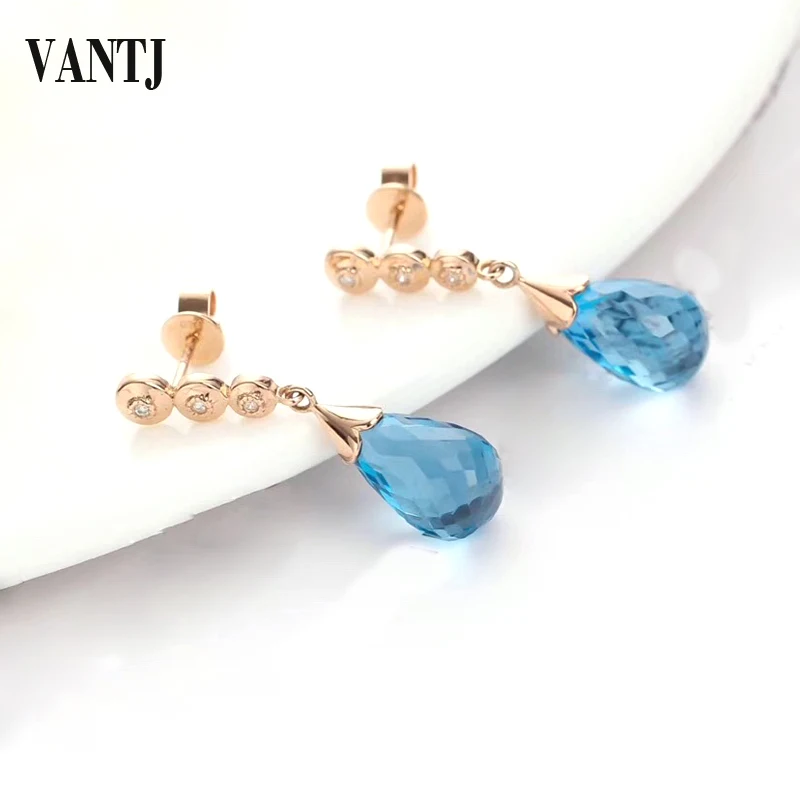 VANTJ Natural Blue Topaz Earring Sterling 14k Gold Real 585 Drop Pear Cut6*12 Fine Jewelry For Women Lady Party Wedding Gift Box