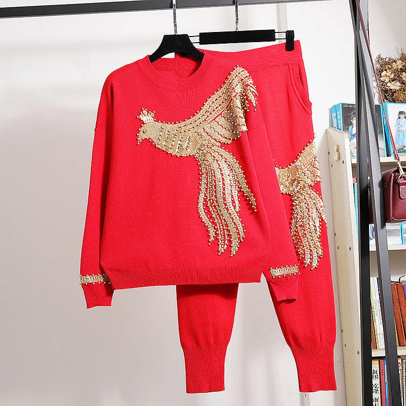 Red White Black Beading Sequins Phoenix Knitted Set Women Tracksuits Loose Pullover Sweater Pants Outfits Female Knit Suit 2pc