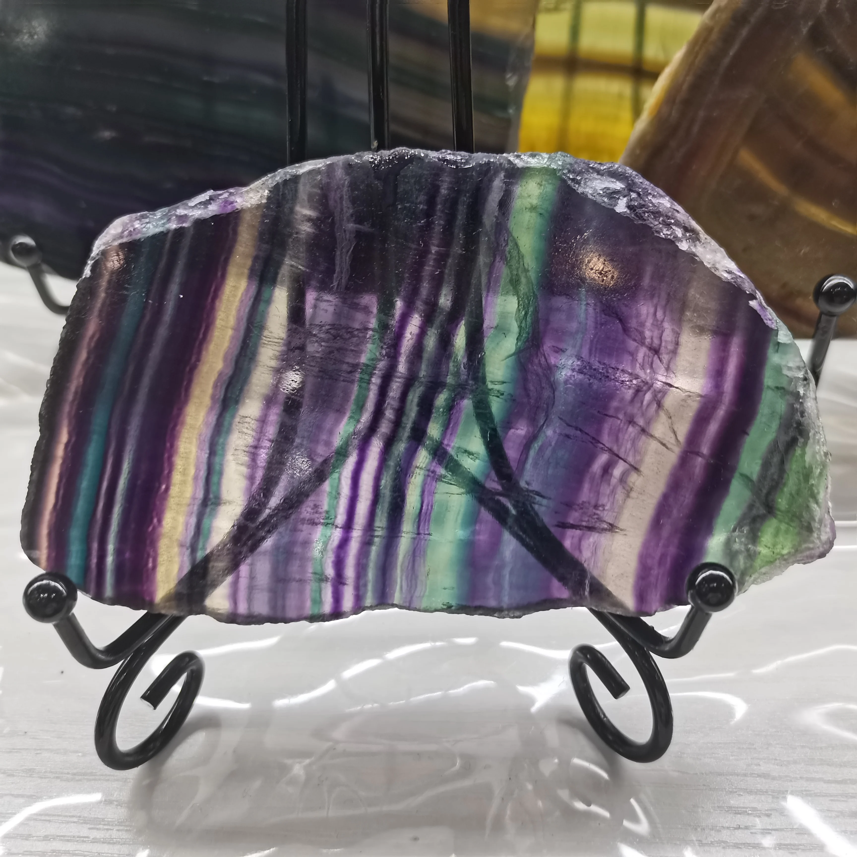 Natural Colorful Fluorite Block Raw Stone Slice Mineral Specimen Treatment Of Reiki Ornaments +Pedestal