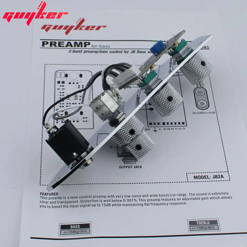 1 Set GUYKER 2-band Preamp/tone control for JB Bass with adjustable GAIN (With Jazz Bass Control Plate+Control Knob)