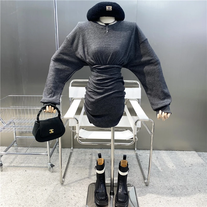 New Brand Original Design 2021 Waist Fold Wrap Hip Short Skirt Goddess Round Neck Long Sleeve Versatile Thin T-shirt Dress