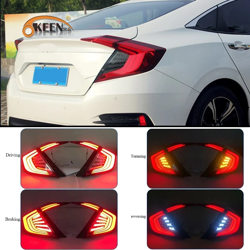 OKEEN 2pcs 12V Car LED Tail Lights For Honda Civic 10th Sedan 2017 2018 2016 Taillight Running Turning Braking Reversing Lamps