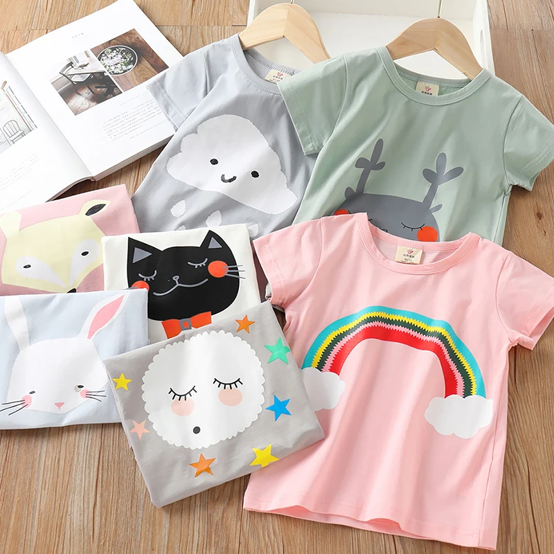 2024 Summer 2 3 4 6 8 10 Years Children Cotton Cartoon Star Bird Cat Rabbit Animal Print Short-Sleeve T-Shirt For Kids Baby Girl