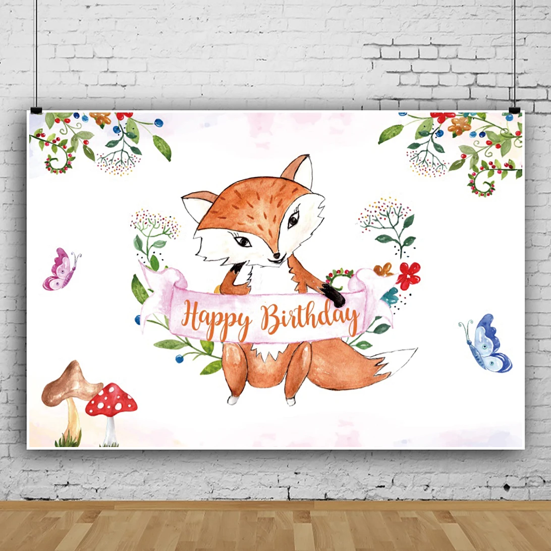 Laeacco การ์ตูนวันเกิดพื้นหลังสีน้ำ Fox ผีเสื้อแสดง Custom Portrait ถ่ายภาพฉากหลัง Photocall