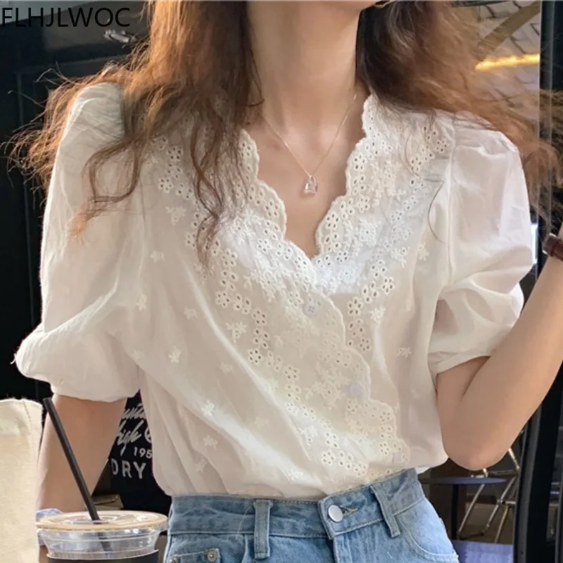 Women Chic Korea Design Clothes Fashion Short Sleeves Solid Lace Hollow Out Embroidery Tops Single Breasted Button White Shirt