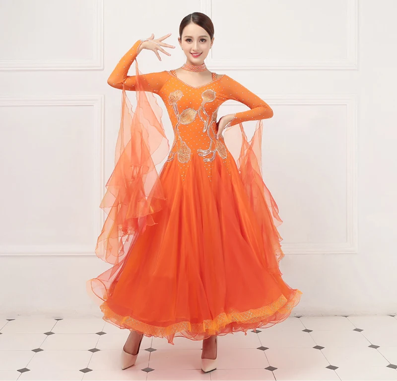 Vrouwen Ballroom Dans Jurken Nieuwste Prachtige Oranje Wals Tango Danskleding Volwassen Standaard Ballroom Dans Jurk