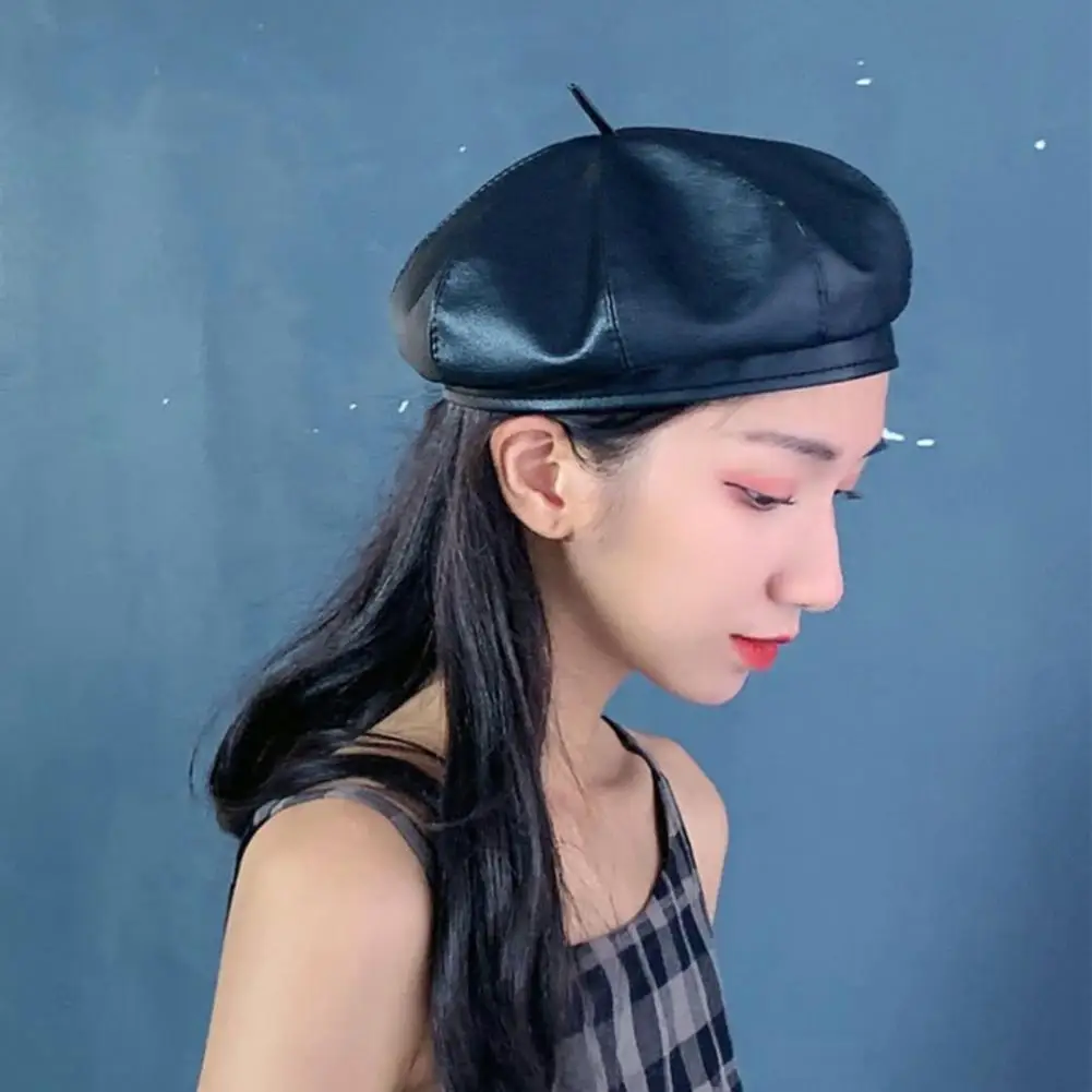 Solid Color Beret Cap Women Hat Cool Decorative Faux Leather Beret Hat Women No Brim Dome French Cap gorras hombre берет женский