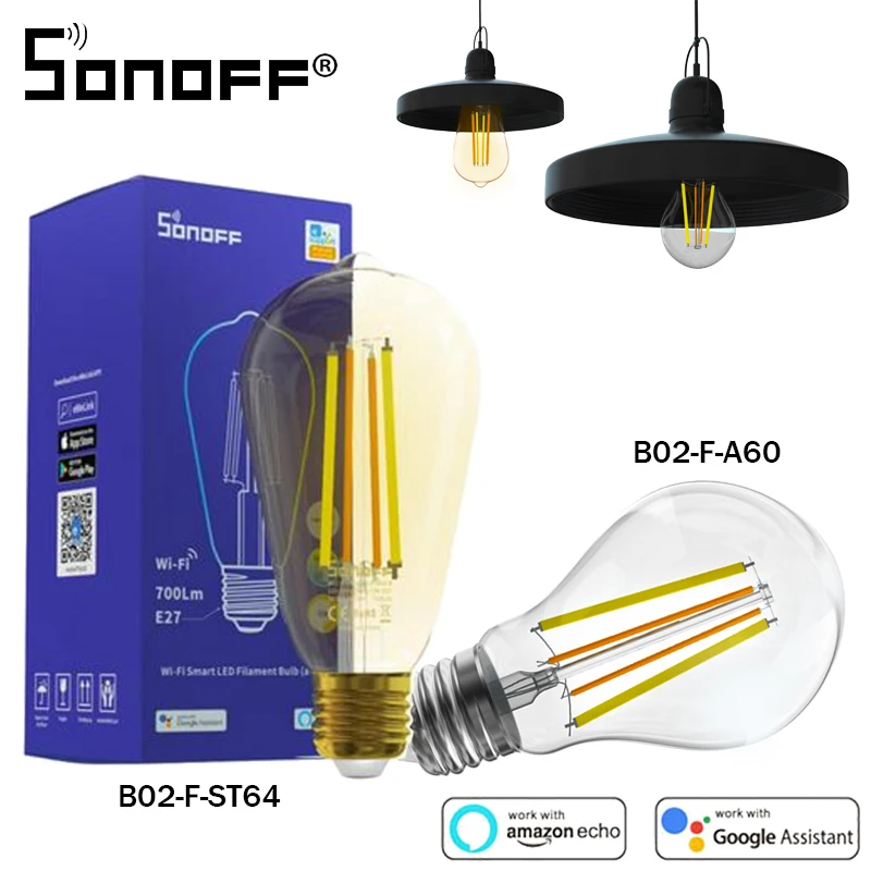 Sonoff lâmpada de filamento led com controle remoto, luz led inteligente para economia de energia, controle por voz, alexa e google home