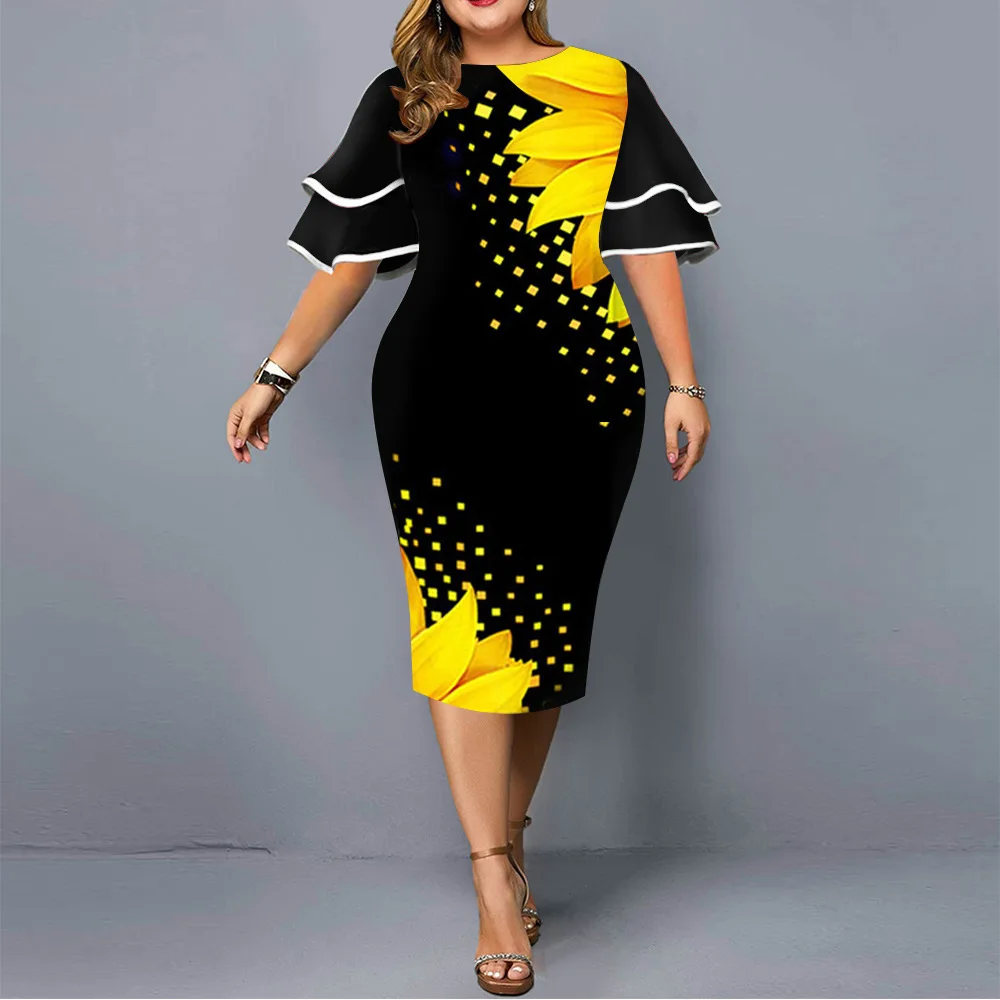 Plus Size Dress Elegant Geometric Print Birthday Party Dress 2021 New Women Layered Sleeve Wedding Evening Club Midi Dresses 5XL