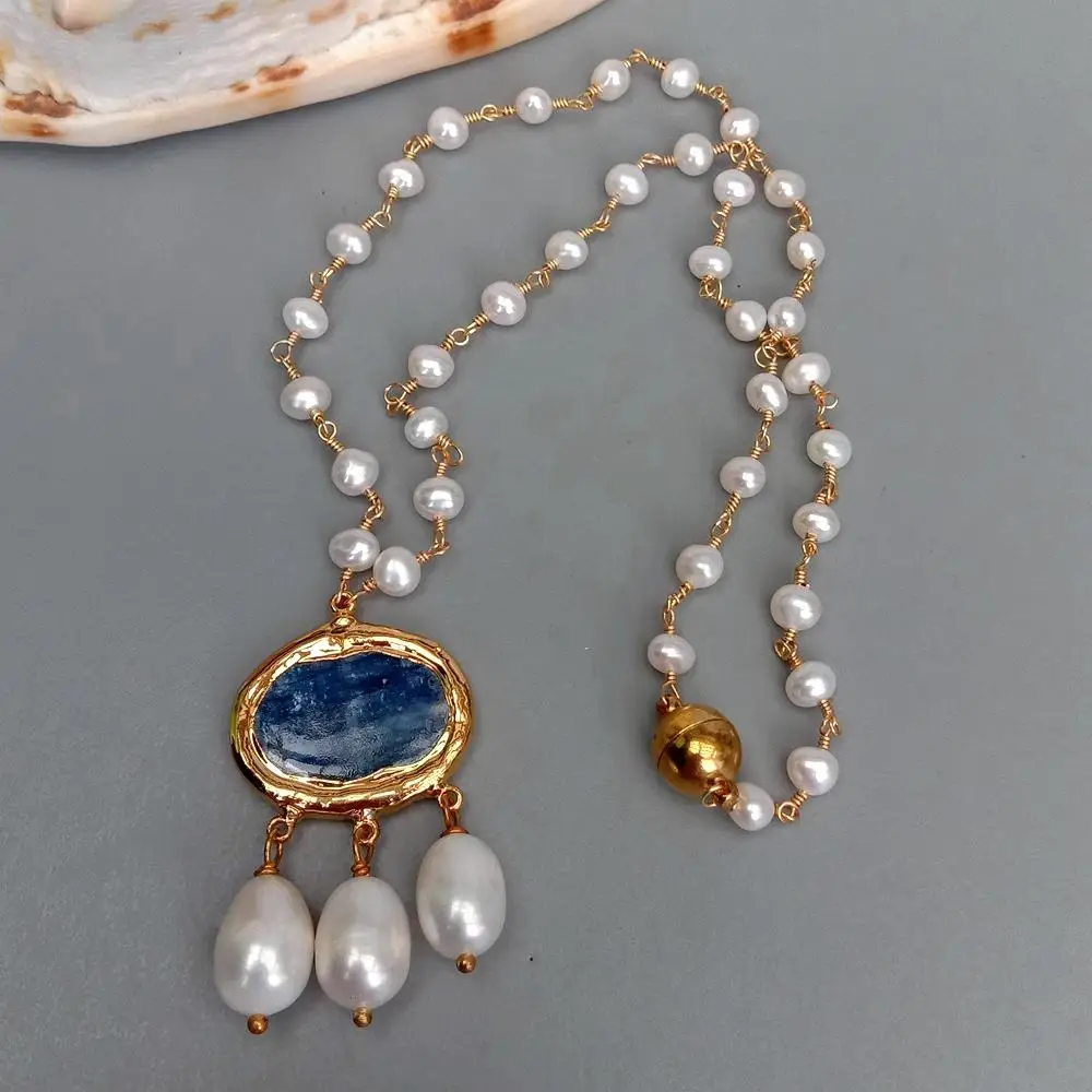 YYGEM Natural Cultured White freshwater Pearl Rosary Chain Necklace Blue Kyanite Rice Pearl Pendant 18\