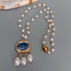 YYGEM Natural Cultured White freshwater Pearl Rosary Chain Necklace Blue Kyanite Rice Pearl Pendant 18