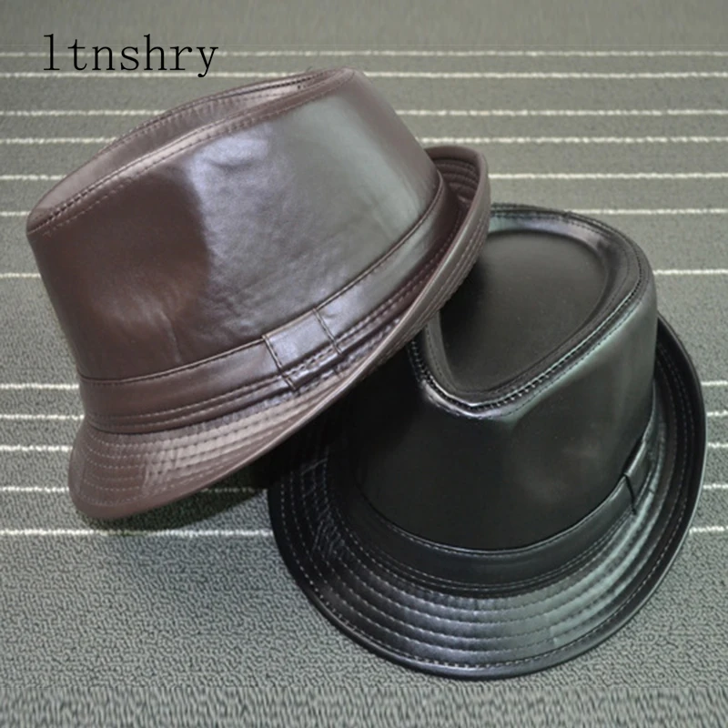 2019 Solid color Leather Man\'s hat Wide Brim Stetson Fedoras British Hats For Men/Women Gentman Black Fitted Jazz Hip-Pop Gorras