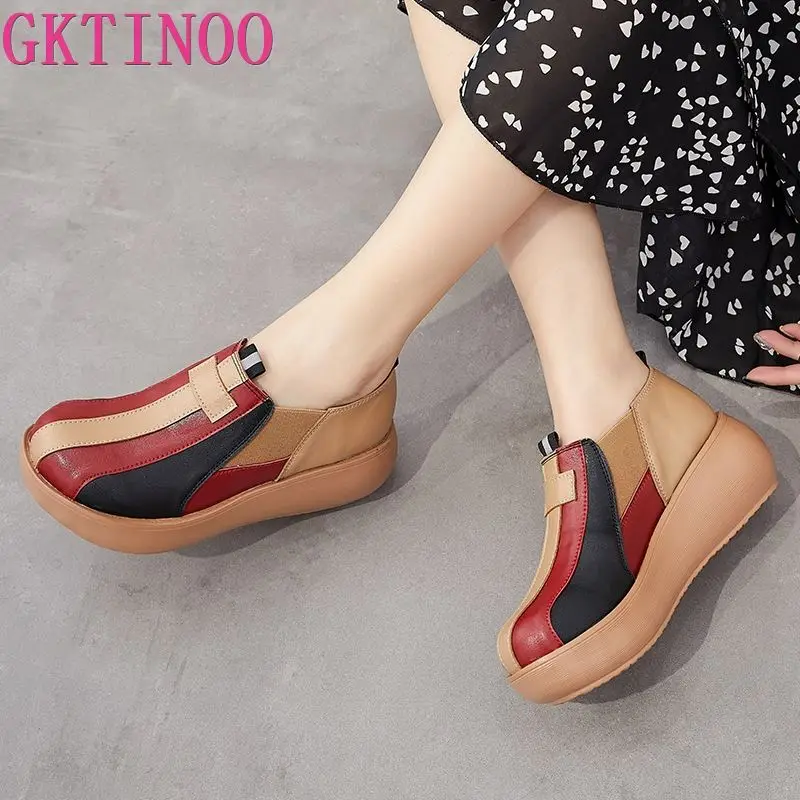 

2024 New Spring Mixed Colors Women Genuine Leather Shoes Fashion Sneakers Platform Wedge Heel Shoe High Heels Casual Trend Shoes