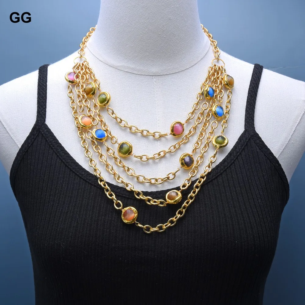 GuaiGuai Jewelry Punk Style 5 Rows Multi Color Cat Eye Gold Color Plated Chain Layers Long Necklace 19