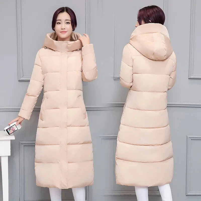 Mulheres com capuz slim casacos longos, roupa de neve, moda coreana, sobretudo de inverno, quente, engrossar, grande, jaquetas acolchoadas, parkas