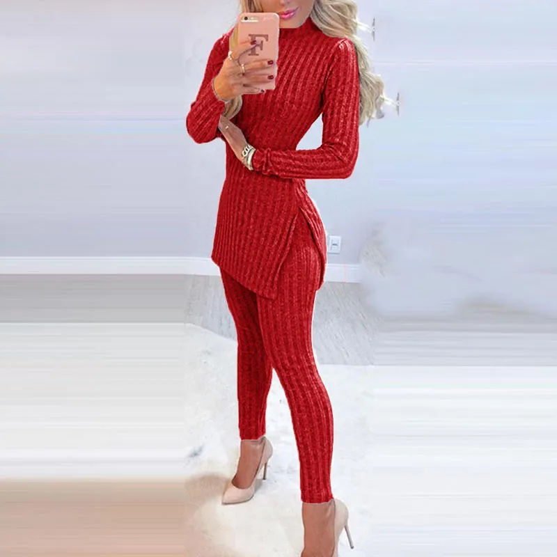 Office Lady Knitted Suits Outfit Elegant Beading Split Long Sleeve Tops And Skinny Pants Women Sets Casual Solid Two Piece Sets