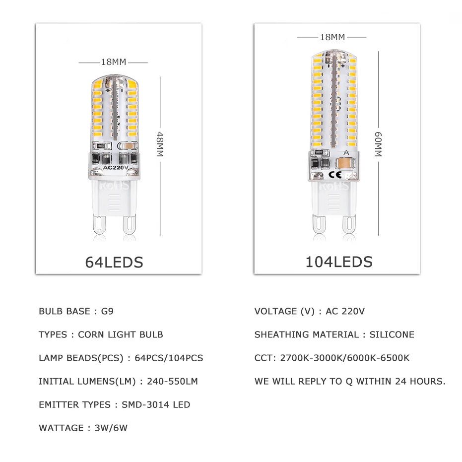 220V G9 LED Bulb 64/104led SMD3014 Silicone Led Light Bulb White/Warm White Lighting Replace Halogen Crystal Chandelier Light