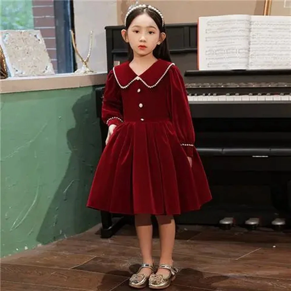 Autumn Kids Red Long Sleeve Party Dress For Girls Turn Down Collar Solid Teenage Dresses Toddler Outfits Korean Style Dress Girl