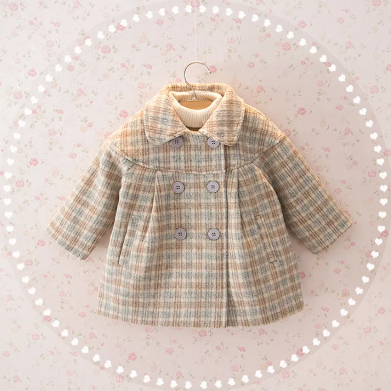 Baby Girl Woolen Jacket Plaid Long Double Breasted Warm Infant Toddle Lapel Tweed Coat Spring Autumn Winter Baby Outwear Clothes