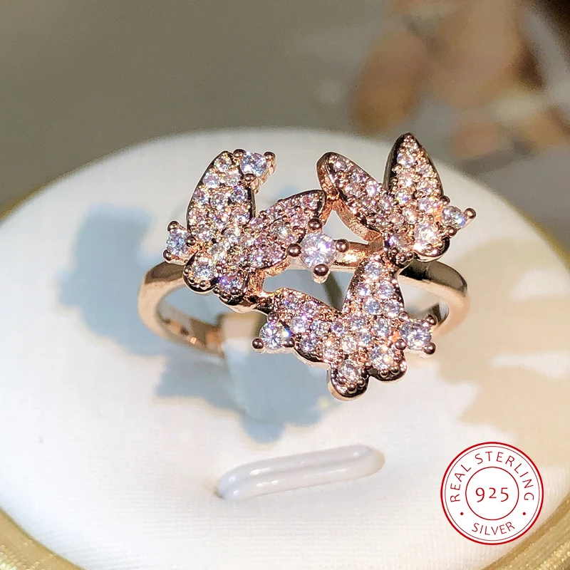 Classic Elegant Rose Gold Three-Butterfly Open Ring 925 Sterling Silver Ladies Party Outing Fashion Jewelry Gift