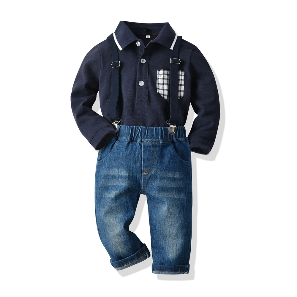 

Tem Doger 2020 New Fashion Winter Children Clothing Set Boys Casual Long Sleeve Suits Tops+Suspenders Demin Pants For 2-5T