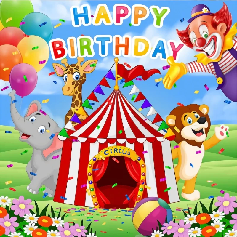 

Circus Theme Birthday Backdrop Poster Baby Cartoon Clown Joker Wild Animal Birthday Party Photography Background Photo Studio