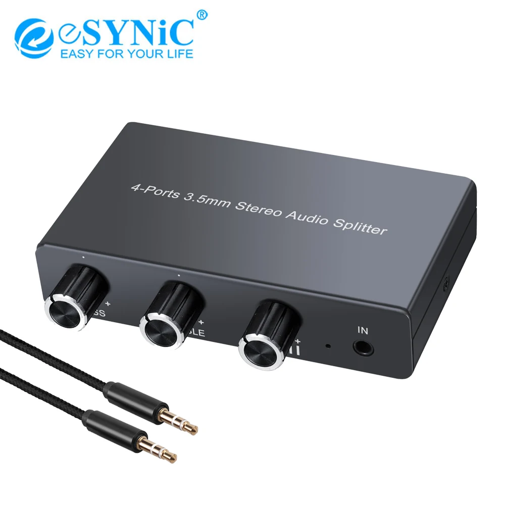 eSYNiC 4 Port 3.5mm Stereo Audio Splitter Multiple Audio Output Headphone Amp 1 In 4 Out Aduio Switch With Treble & Bass Control