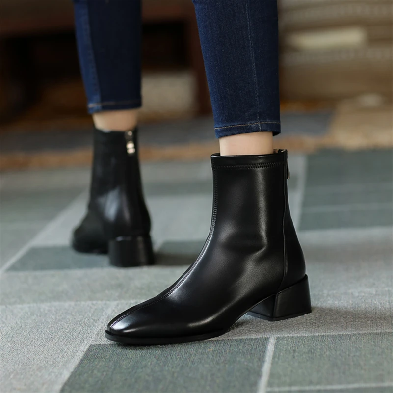 Meotina Women Genuine Leather Boots Thick Med Heel Ankle Boot Round Toe Fashion Zipper Ladies Boots Autumn Winter Black 34-40