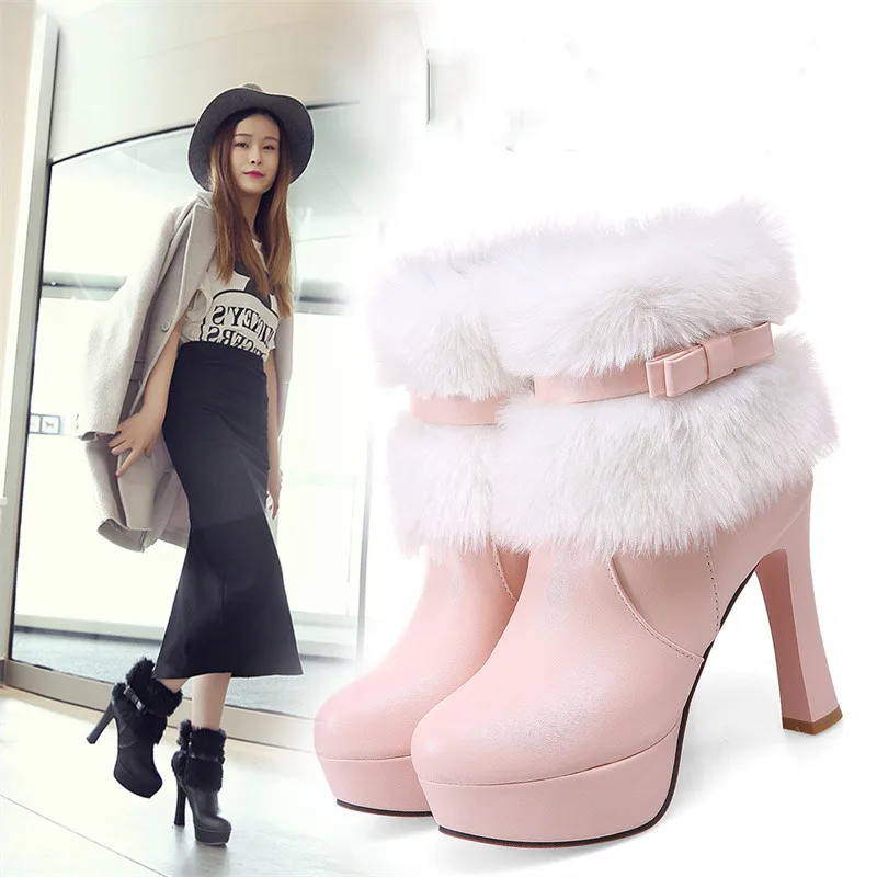 YQBTDL Big Size 33-43 Ladies 10cm High Heel Faux Fur Ankle Boots Womens Daily Sweet Platform Shoes Woman Winter 2021 Botas Mujer