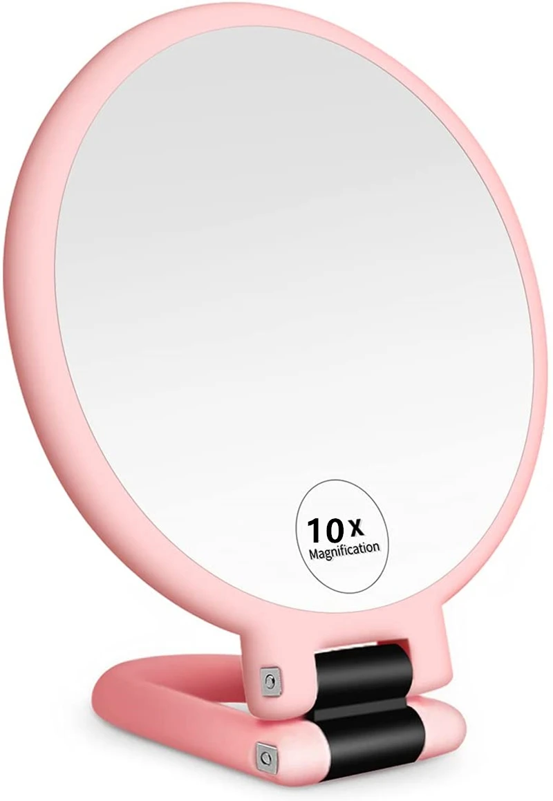 Miroir à main pliable de voyage, miroir de maquillage sur socle double face avec grossissement 1/10x2/5/10x