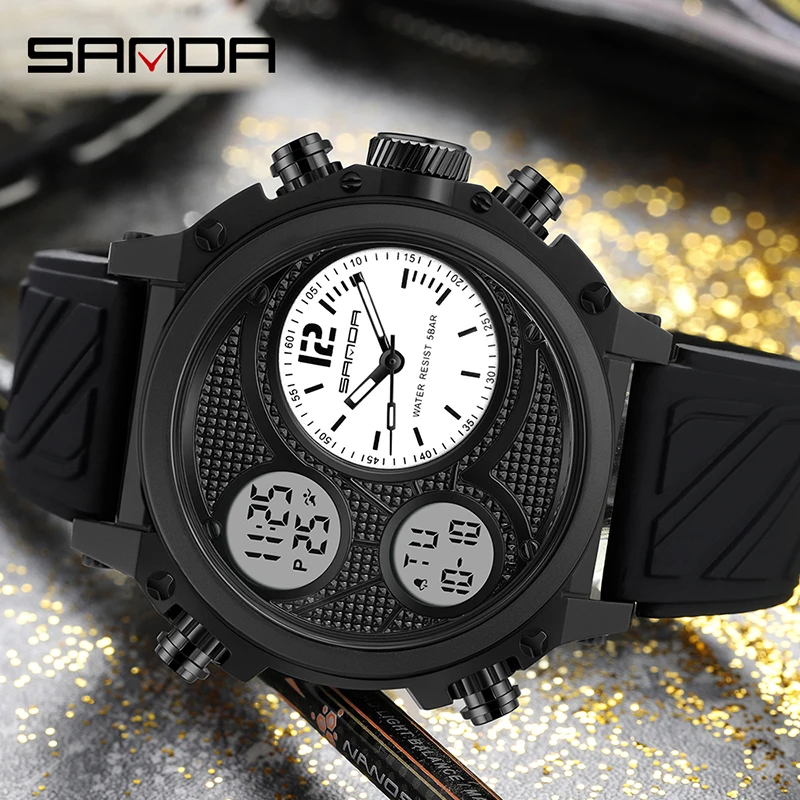 SANDA Three Time Display Quartz Watch for Men LED Sport Digital Watches 50m Waterproof ElectronicWristwatch Alarm Clock Relogio