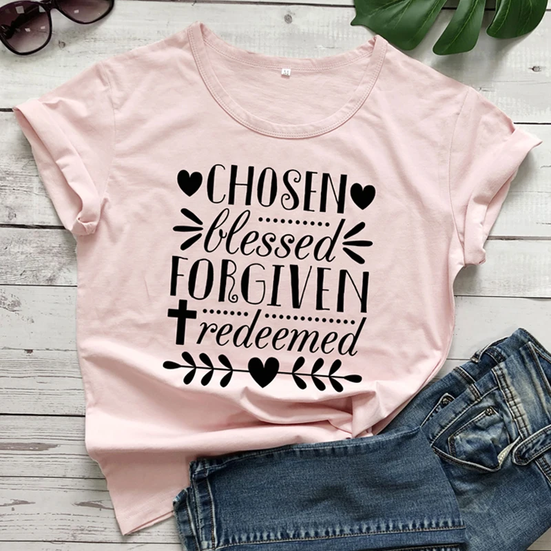 Chosen Blessed Forgiven Redeemed T-shirts Women Fancy Graphic Christian Easter Tshirt Fashion Summer Religious Church Tees Tops