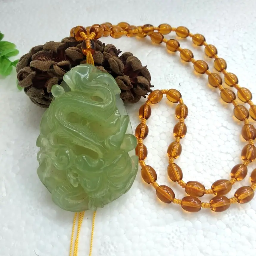 

Nature jade Amulet Rilievo Dragon Pendant Mala Bead Necklace Chinese zodiac Rare