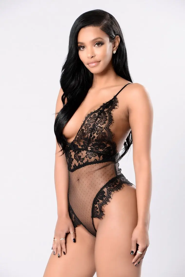 V-neck Spaghetti Strap Women Eyelash Lace Sexy Bodycon Bodysuit Patchwork Transparent Mesh Tight Romper Hollow Slim Jumpsuit