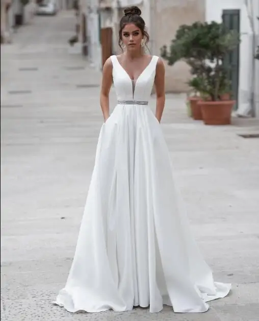 Satin Hochzeit Kleider V-ausschnitt Braut Kleider Tasten Vestido de novia Boho Elegante Hochzeit Kleid Für Frauen Nach Maß