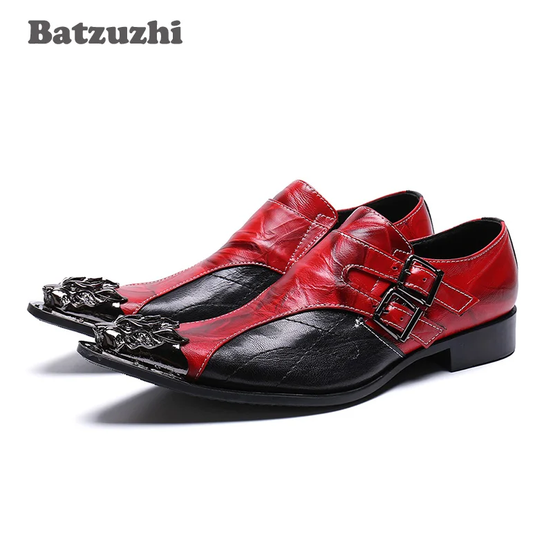 

Italian Type Men Dress Shoes Formal Leather Shoes Men Vintage Metal Pointed Toe Zapatos Hombre Red Party and Wedding Shoes Men