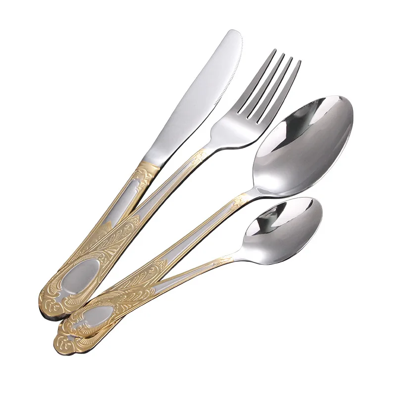 

Stainless Steel Gold Cutlery, Flatware Set, Tableware, Knife, Spoon, Fork, 4 Pc Set