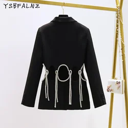 New Women's Chic Rhinestone Hollow Out Black Blazer Streetwear Fashion 2024 Autumn Elegant Suit Jacket Female Coat Ropa De Mujer