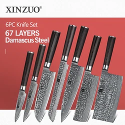 XINZUO 7 PCS Kitchen Knife Set Accessories Japan Damascus Stainless Steel Fruit Paring Utility Santoku Chef Slicing Bread Knives