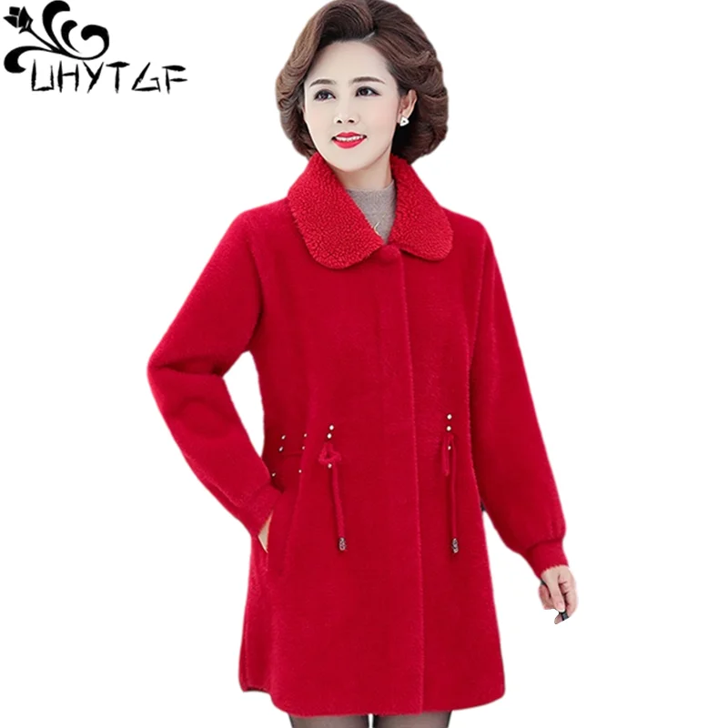 UHYTGF Quality Mink Fleece Autumn Winter Woolen Coat Luxury Cashmere Beaded Elegant Womens Jacket Mom 6XL Big Size Outwear 1362