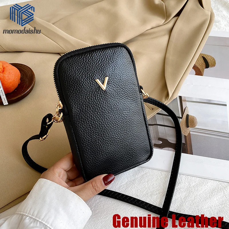 2021 New Women Purses Solid Color Genuine Leather Shoulder Strap Bag Mobile Phone Bag Card Holders Wallet Black Cowhide Handbag