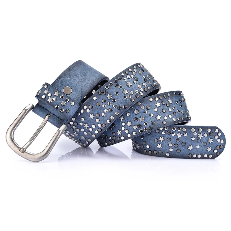 

MYMC 110cm Leather Belt Women Lady Punk Waistband Luxury Waist Rivet Retro Casual Fashion Luxurious Belt with Stars Fashion Belt