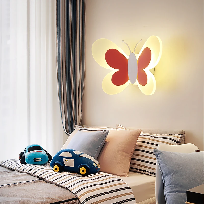 Cartoon Cute Blue Pink Butterfly Wall Lamp Creative Wall Mount LED Light Kids Child Girl Boy Baby Bedroom Nursery School Decor