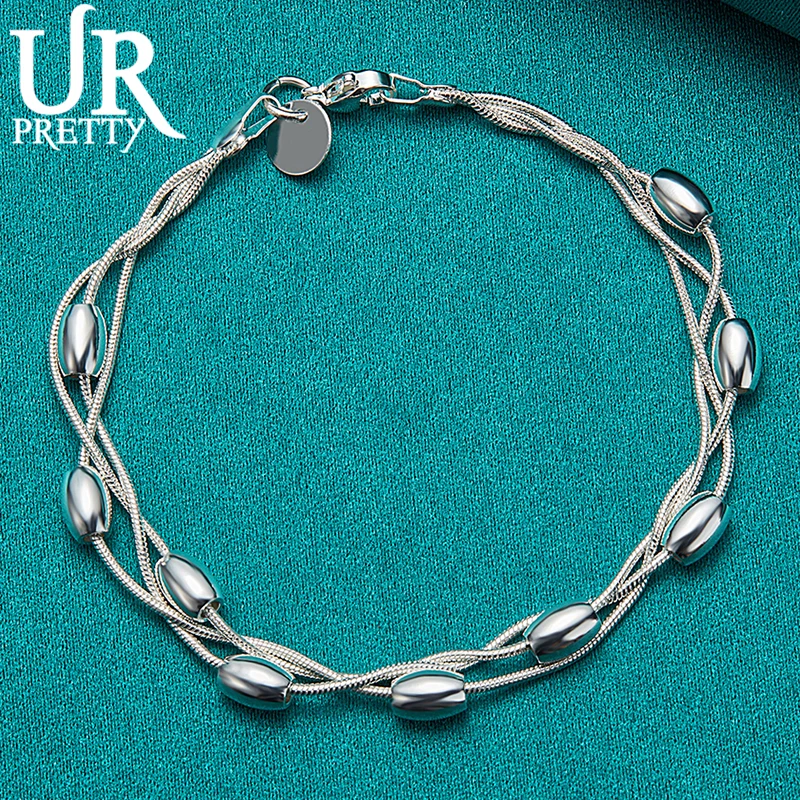 

URPRETTY 925 Sterling Silver Three Snake Chain Smooth Oval Beads Bracelet For Women Wedding Charm Engagement Party Jewelry