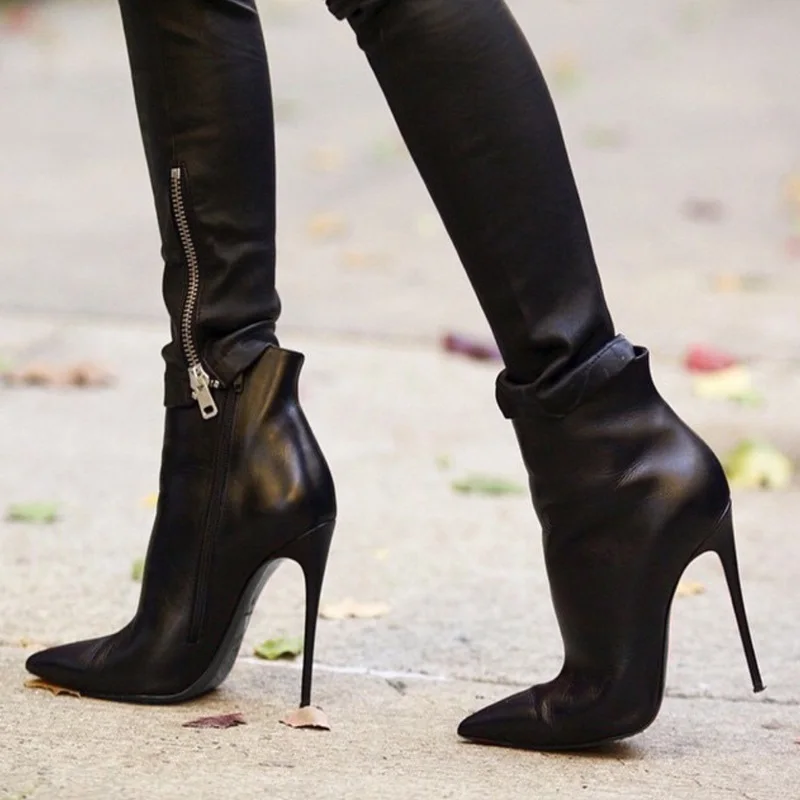 

Black Beige Matte Leather High Heel Ankle Boots Stiletto Heels Pointed Toe Women Short Bootie Celebrating Dress Shoes Big Size